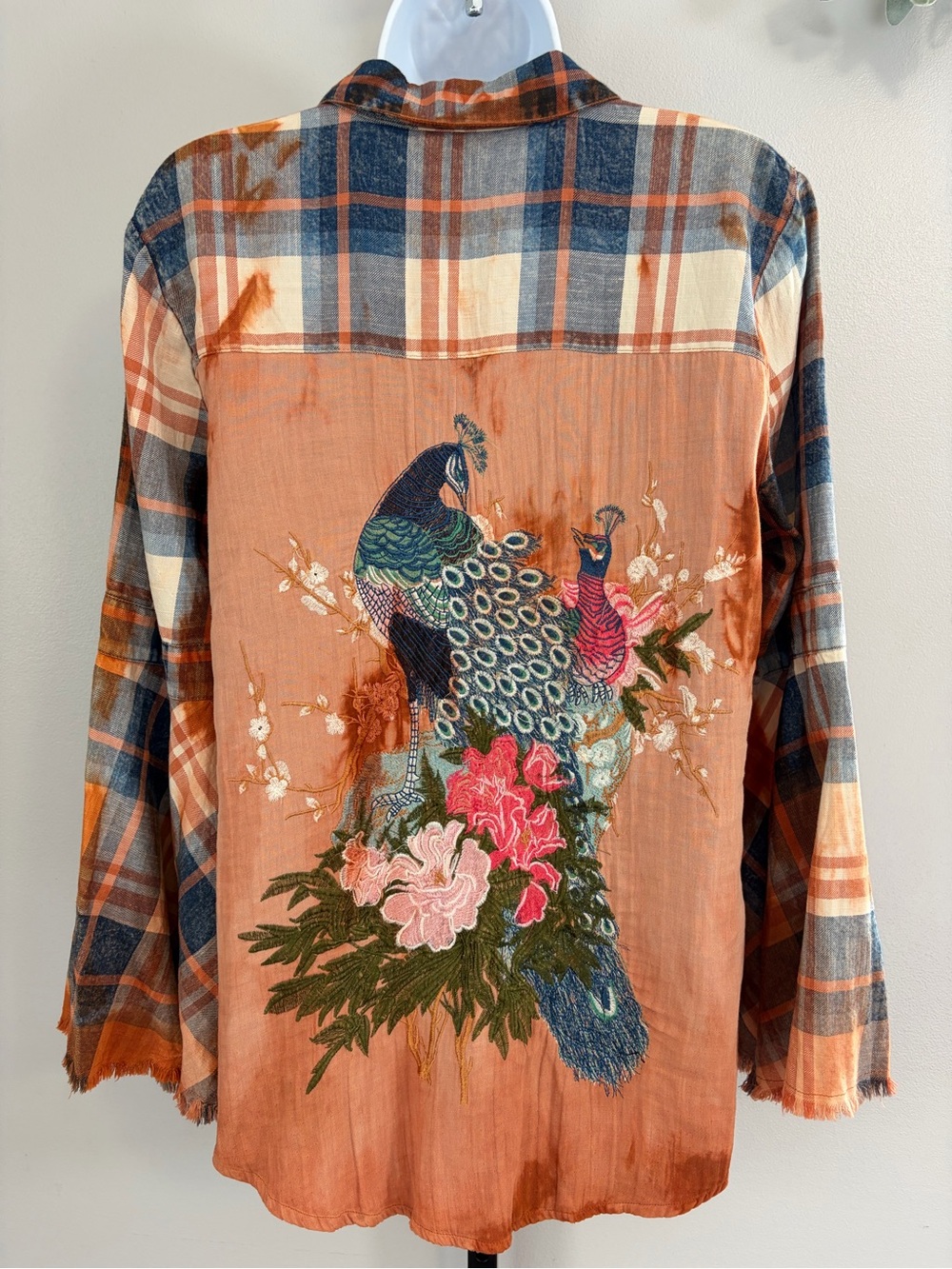 NWOT Aratta Silent Journey- Plaid Butyon Down With Embroidered Peacock Back